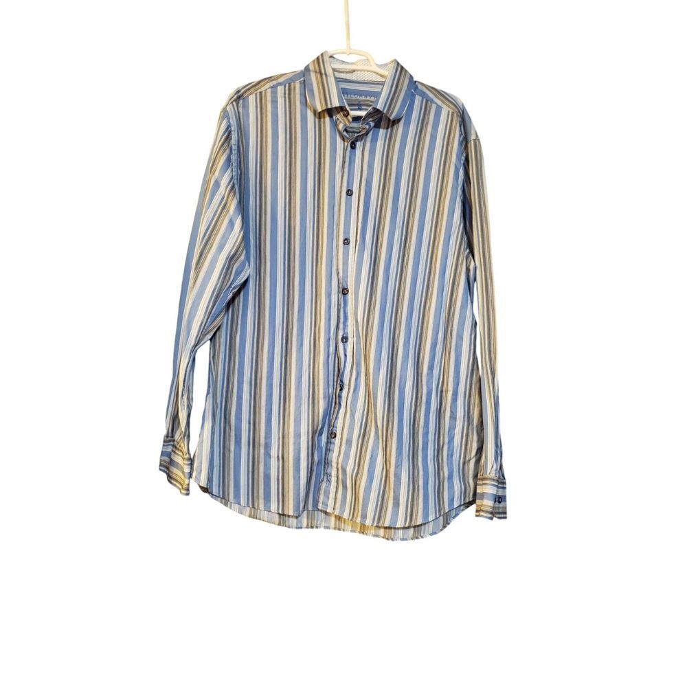 Tailor Byrd Shaped Fit Shirt XXL Blue Stripe Flip Cuffs Long‎ Sleeves Preppy Hot